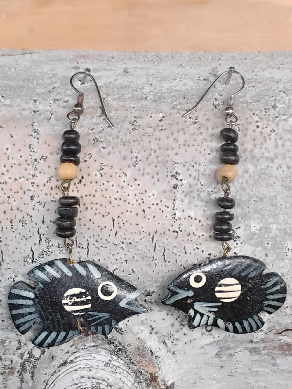 Retro Wooden Long Tropical Black Fish Earrings